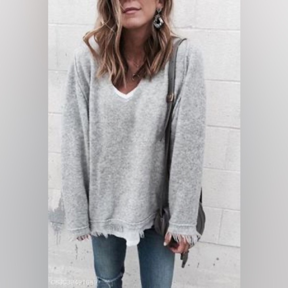 Free People Gray V-Neck Frayed Hem Sweater